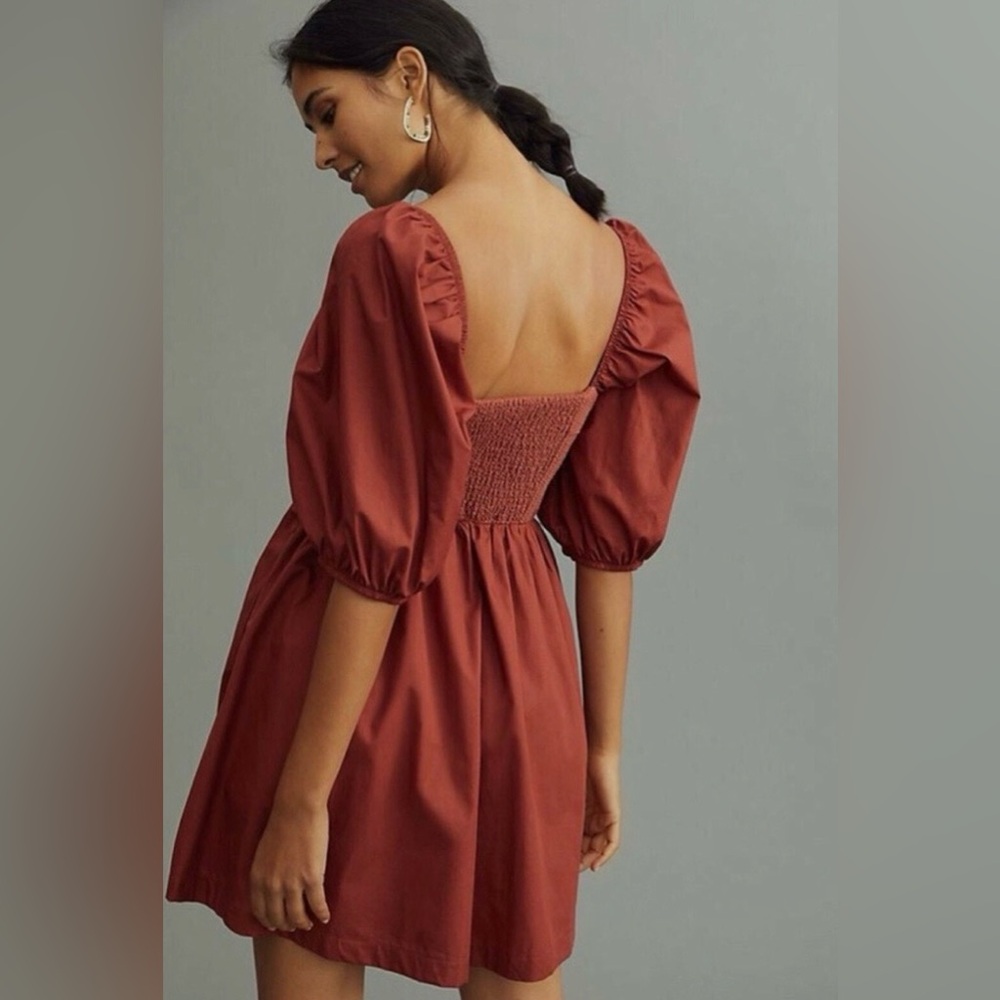 Anthropologie Maeve Puff Sleeved Mini Dress Rust Small - Picture 2 of 9